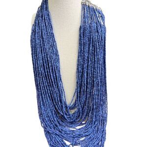 Chicos Blue Beaded Multi-Strand Statement Necklace Clasp vintage boho chic gift